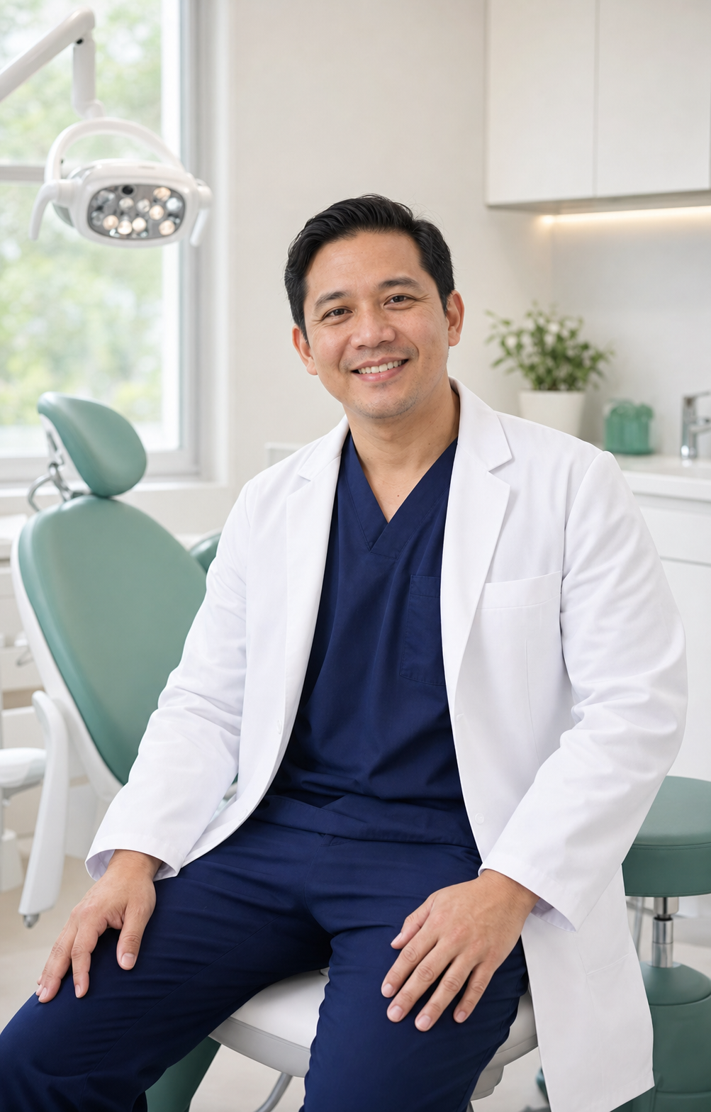 Friendly Filipino dentist smiling in a bright modern dental clinic